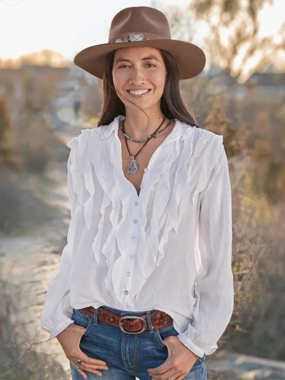 FROM SUNDANCE JP AND MATTIE ALEXIE RUFFLE TOP IN WHITE S